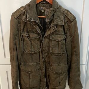 Thick brown men’s jacket with double zipper and buttons